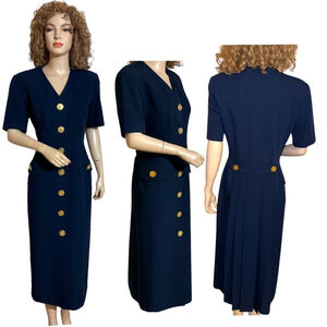 Vintage 1990s Oscar De La Renta Navy Blue Dress with Large Gold Metal Buttons
